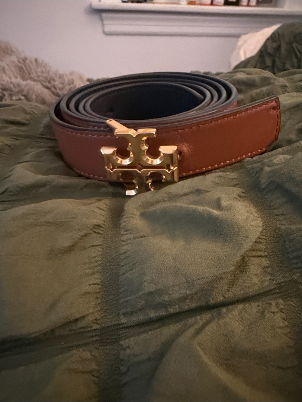 Tory Burch Reversible Black/Brown Leather Belt with Gold Logo Buckle, Size XL